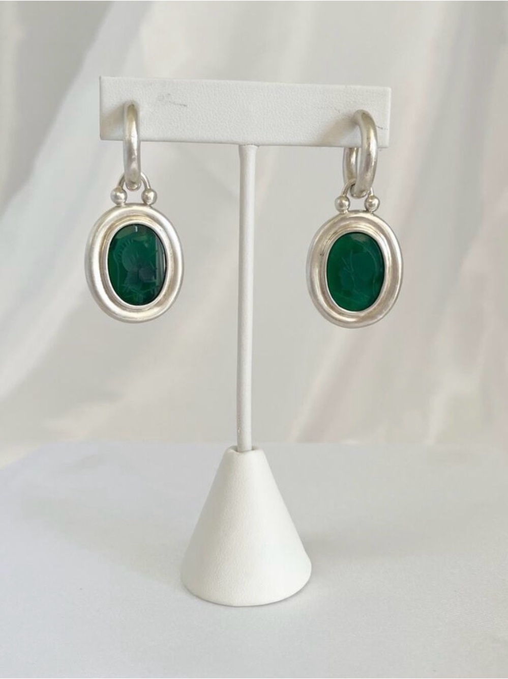 Vintage Sterling Silver Green Oval Drop Earrings